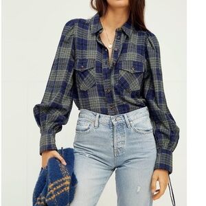Free People We The Free Blue Green Button Down Sun City Plaid Top Size Medium